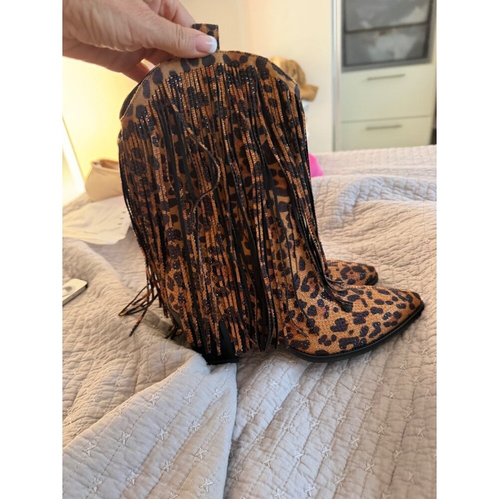 Ouepiano Womens Cowboy Boots Size 8.5 Leopard  Rhinestone Fringe Coachella New - Picture 12 of 16